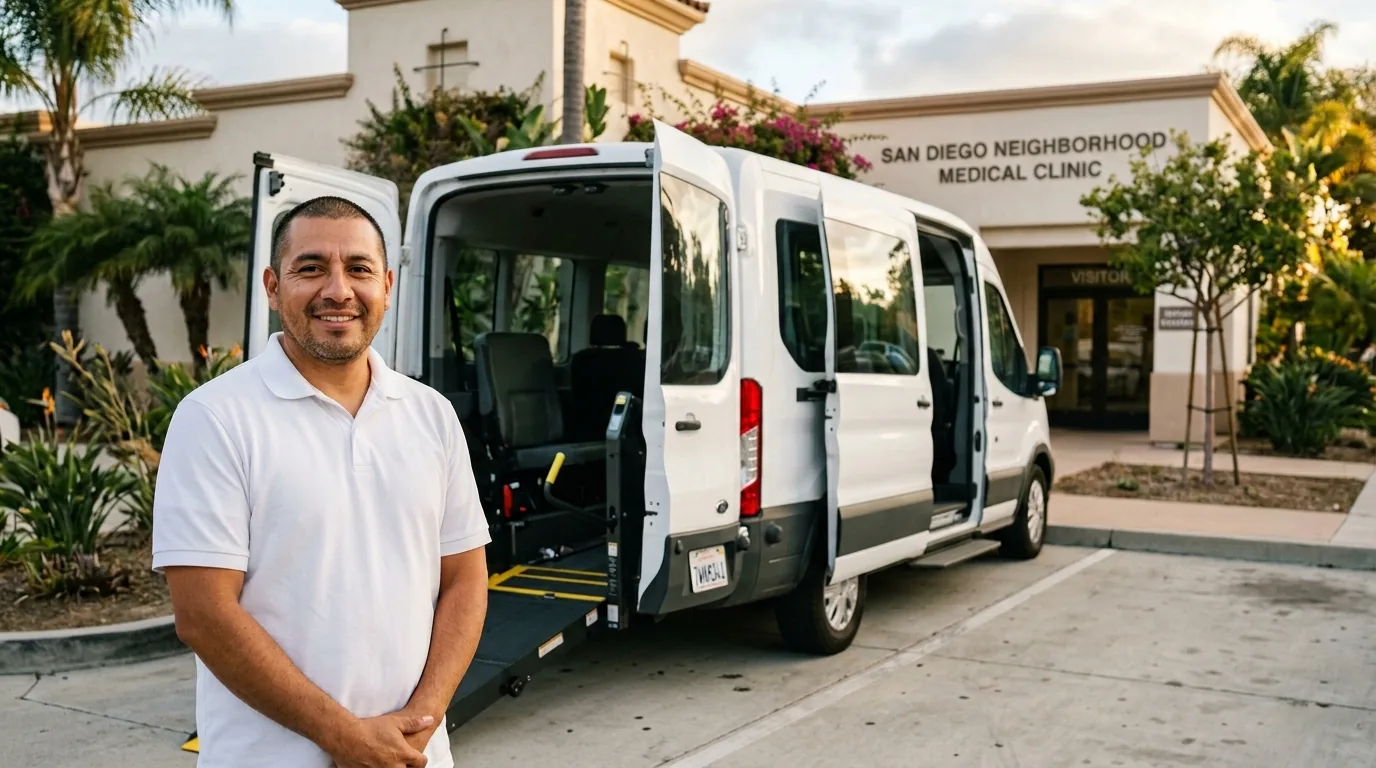DayLight medical transport driver beside a white wheelchair-accessible van — resources for caregivers