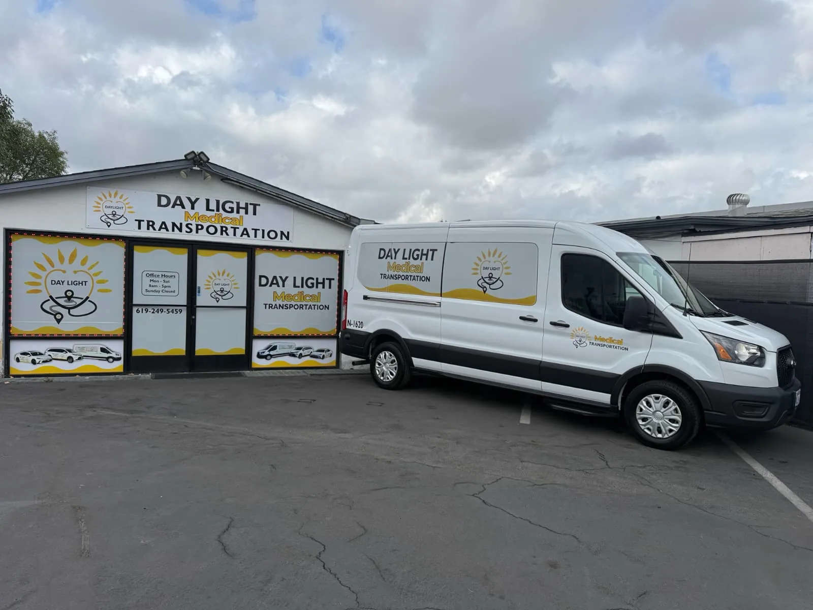 DayLight Medical Transportation van parked outside the office on Greenfield Drive in El Cajon