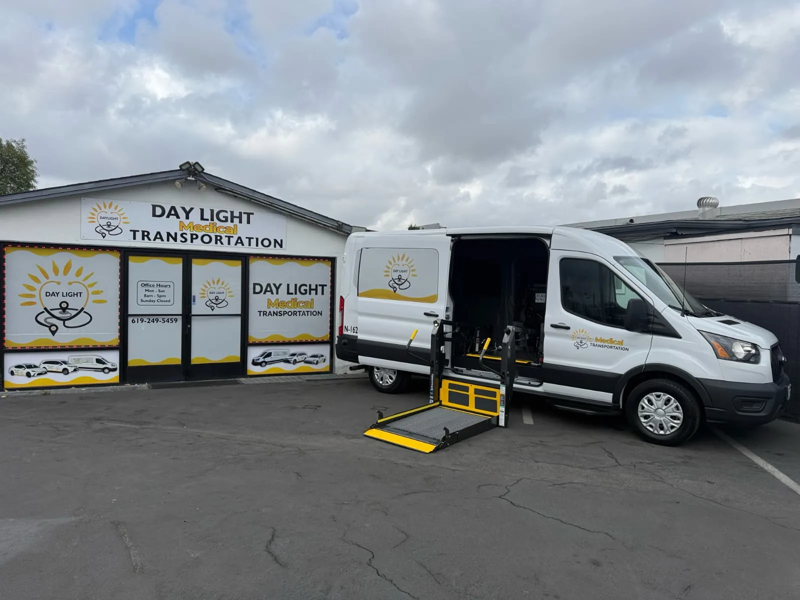 Wheelchair-accessible DayLight medical transport van with side lift deployed at El Cajon office